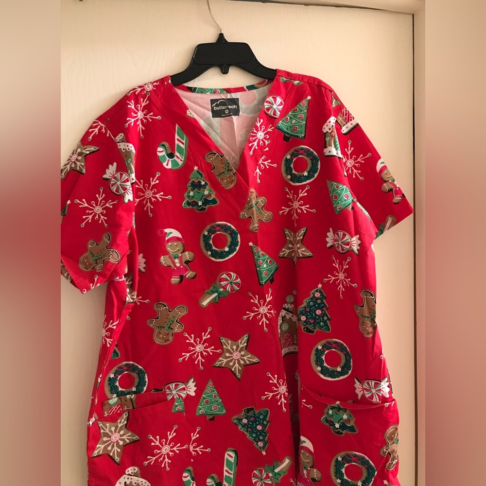 Butter-Soft Red Festive Scrub Top